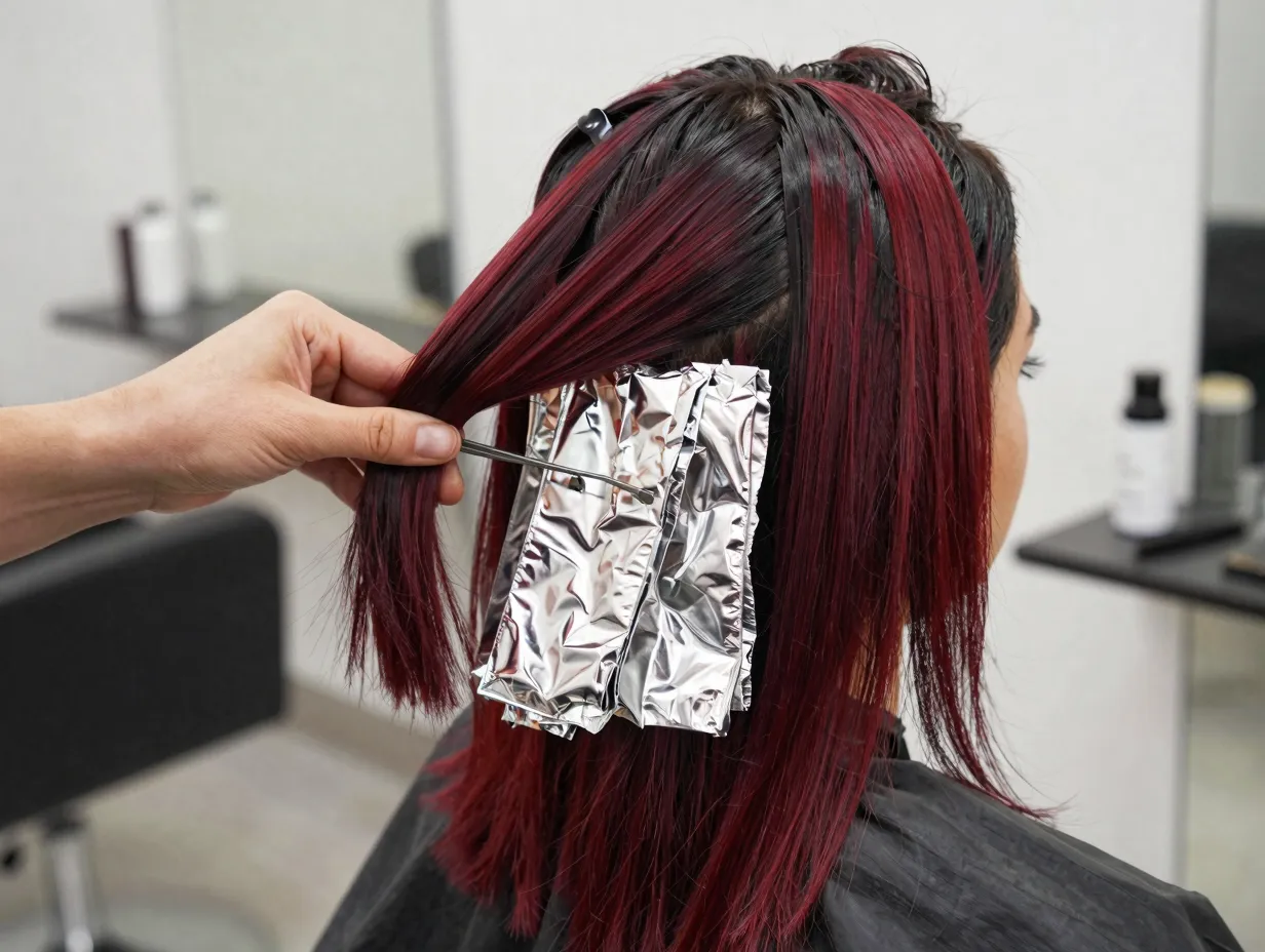 A woman with dark hair and vivid cherry foilayage highlights wrapped in foil
