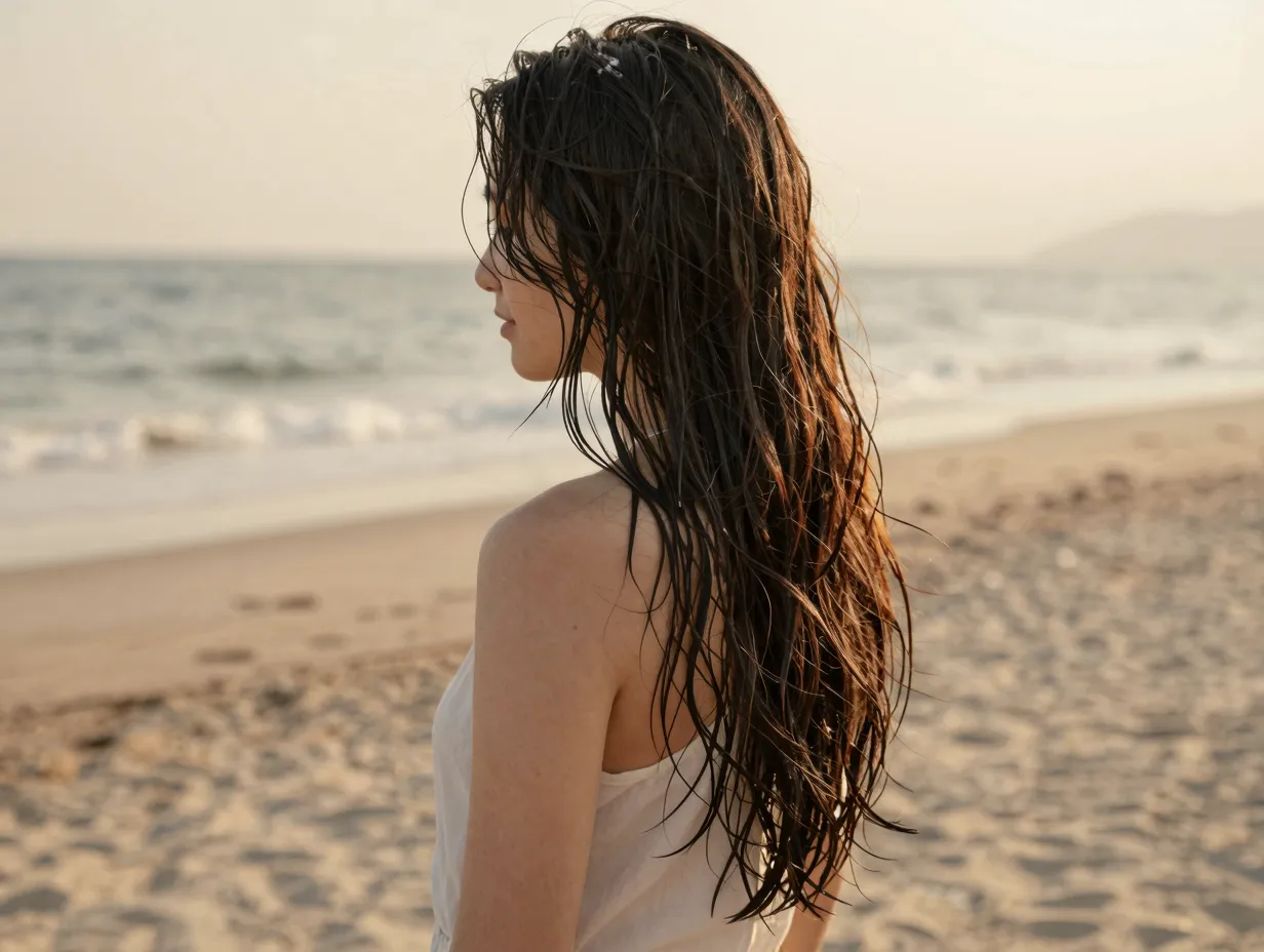 Beachy waves with long layers air drying naturally