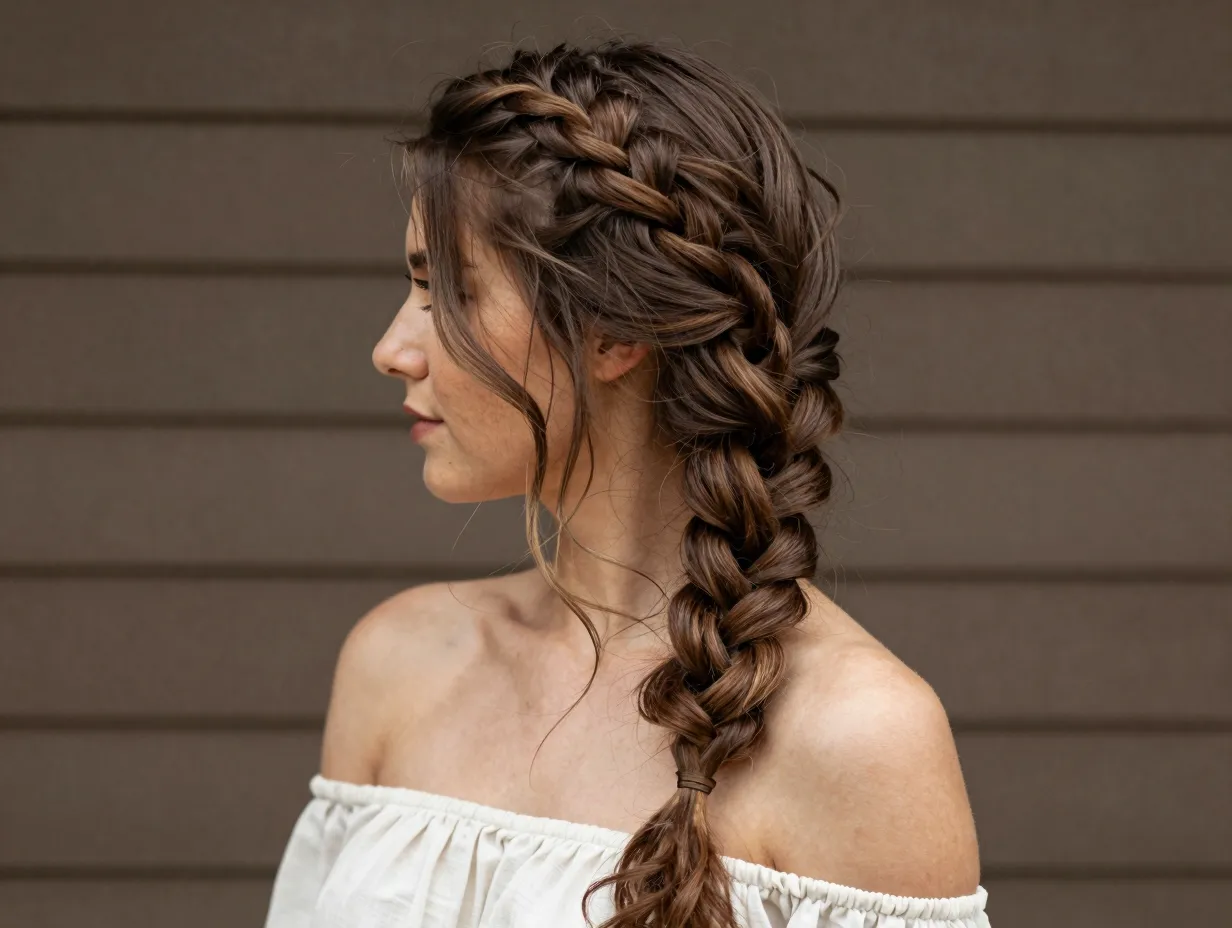 Boho chic side braid over shoulder pancaked volume texture