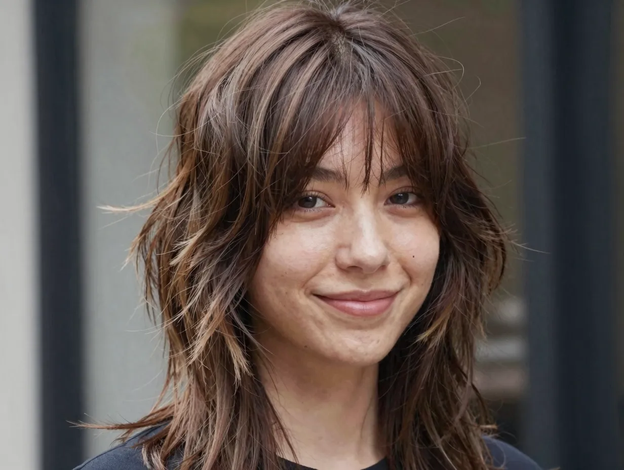 Person with textured modern shag and blended curtain bangs