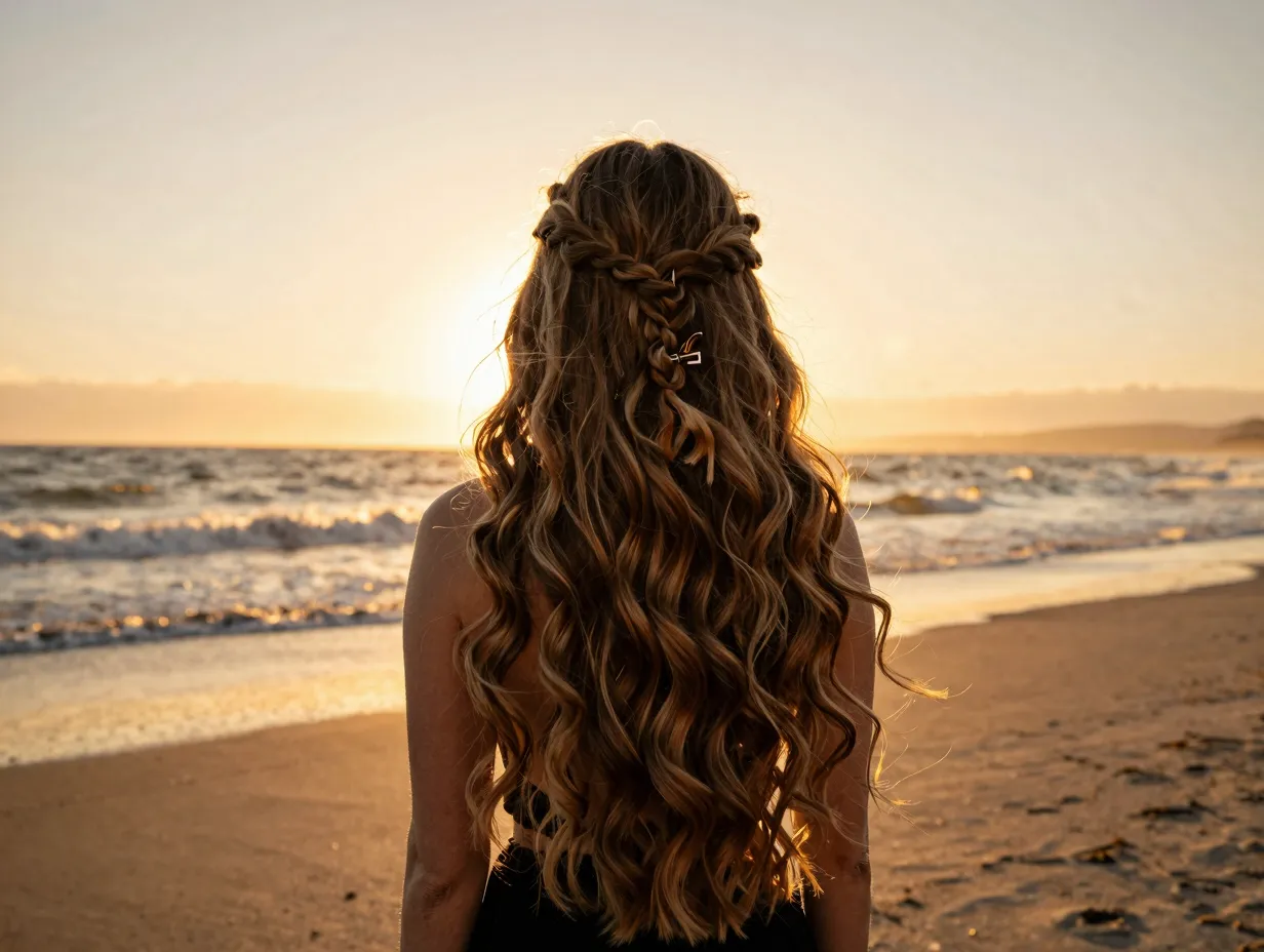 Romantic waterfall clip style on wavy beach hair sunset