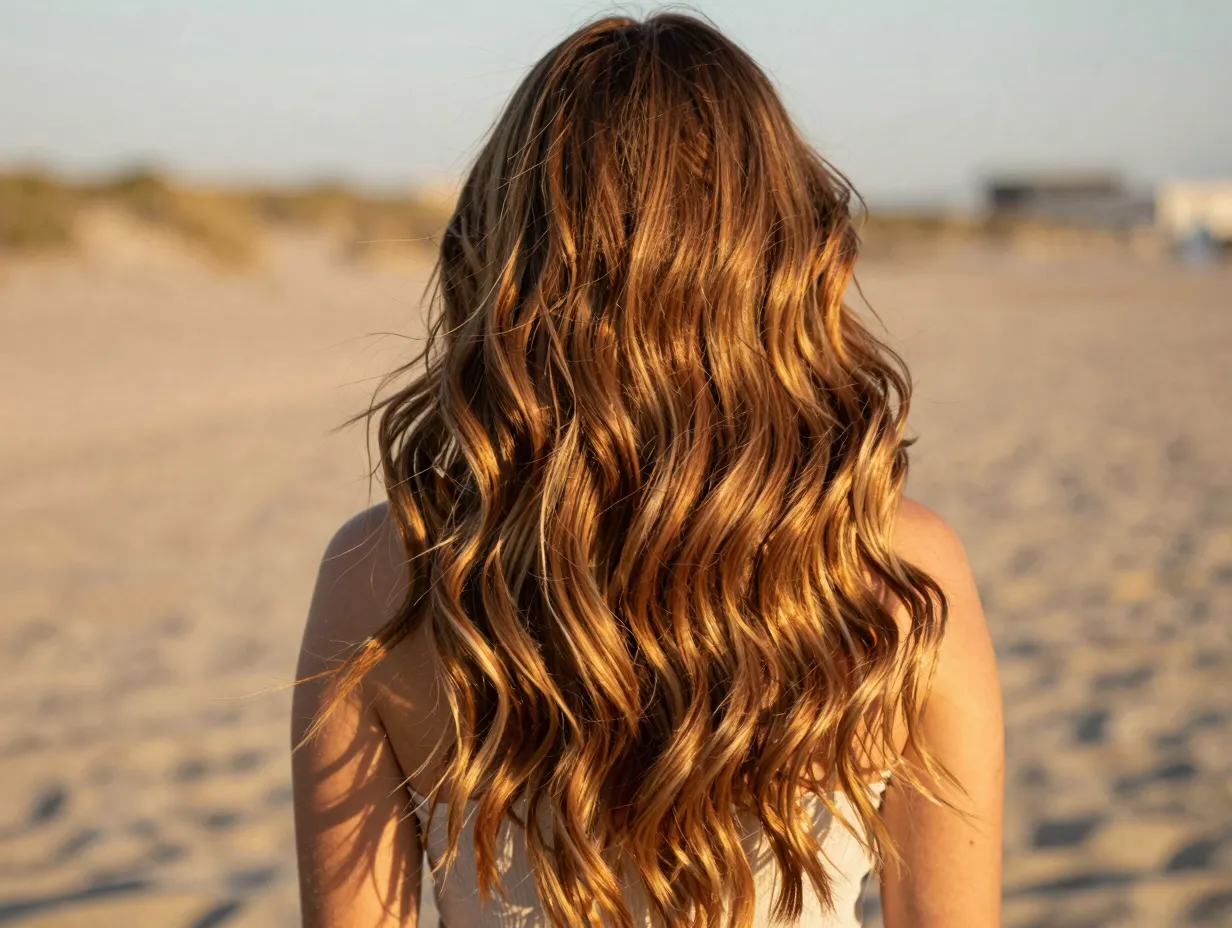 Sun kissed honey balayage gradient on long wavy brown hair