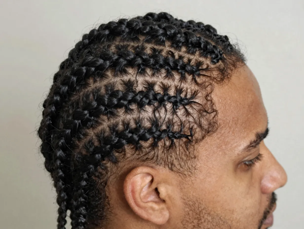 Curved wave cornrows on natural texture head contour