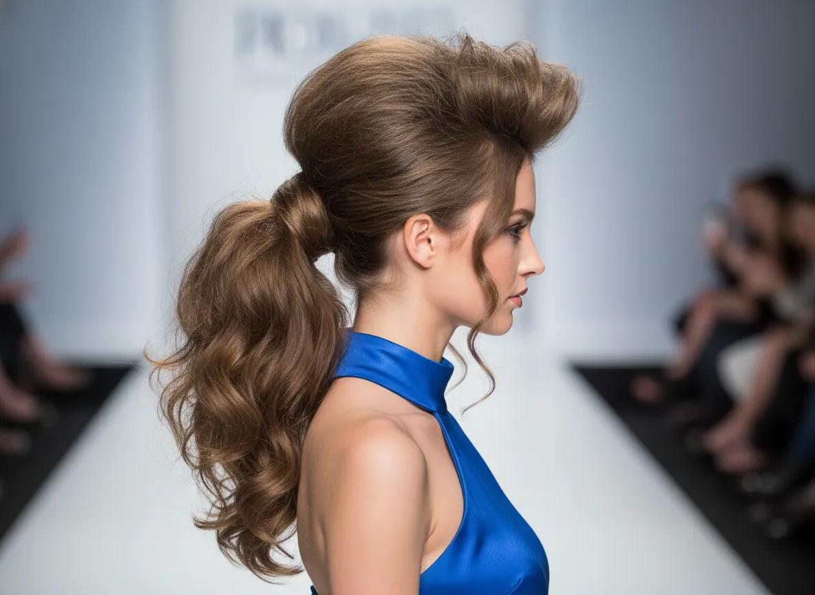 Fashion forward voluminous side ponytail teased crown lift