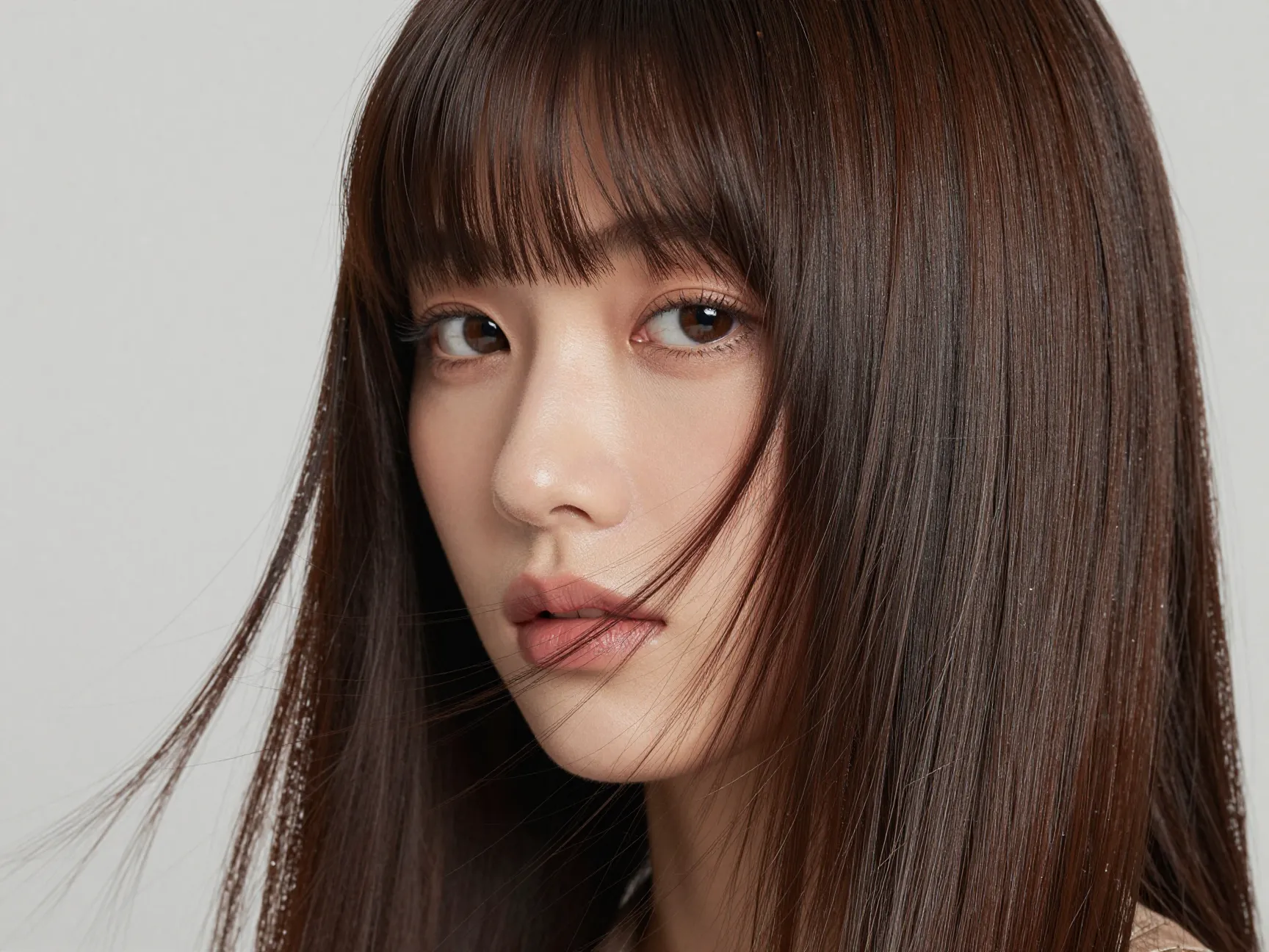 Person with wispy graduated birkin bangs and glossy hair