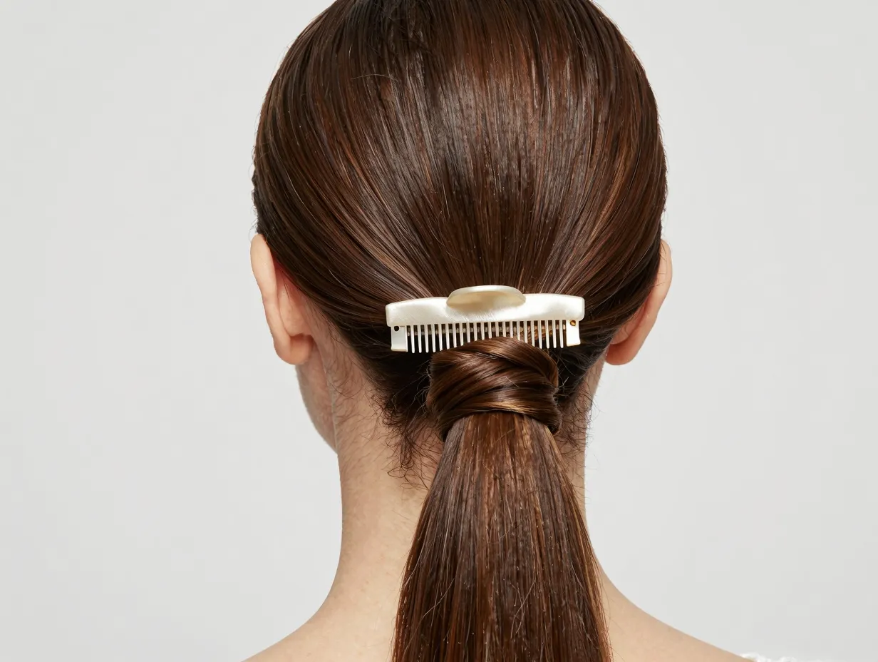 Sleek low chignon wedding hairstyle satin lined clip
