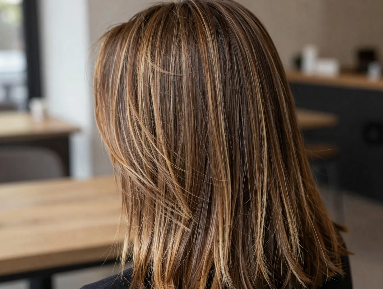 Subtle bronde blend of honey highlights on natural brunette hair
