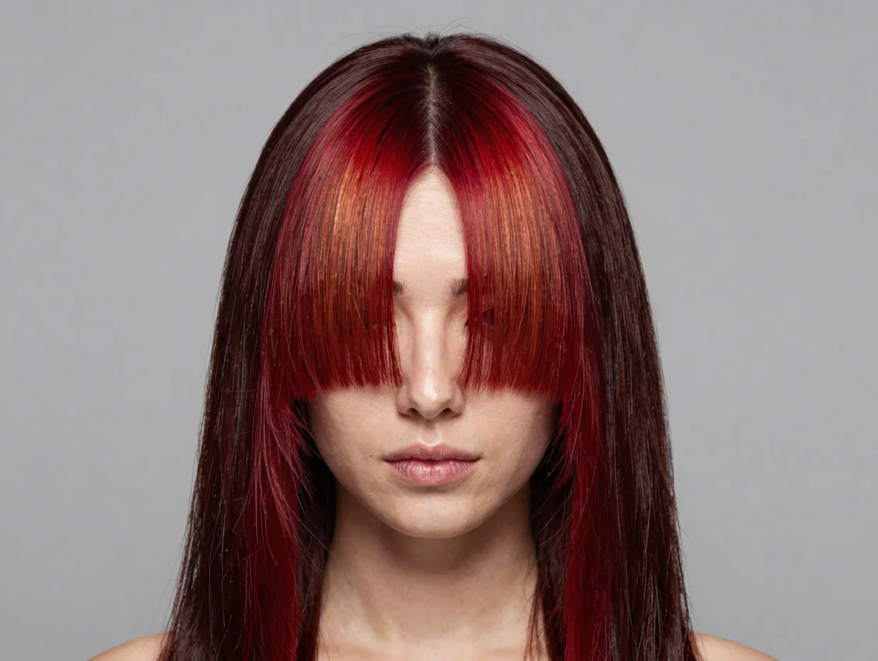 A woman with a bold thick cherry red money piece at the front hairline