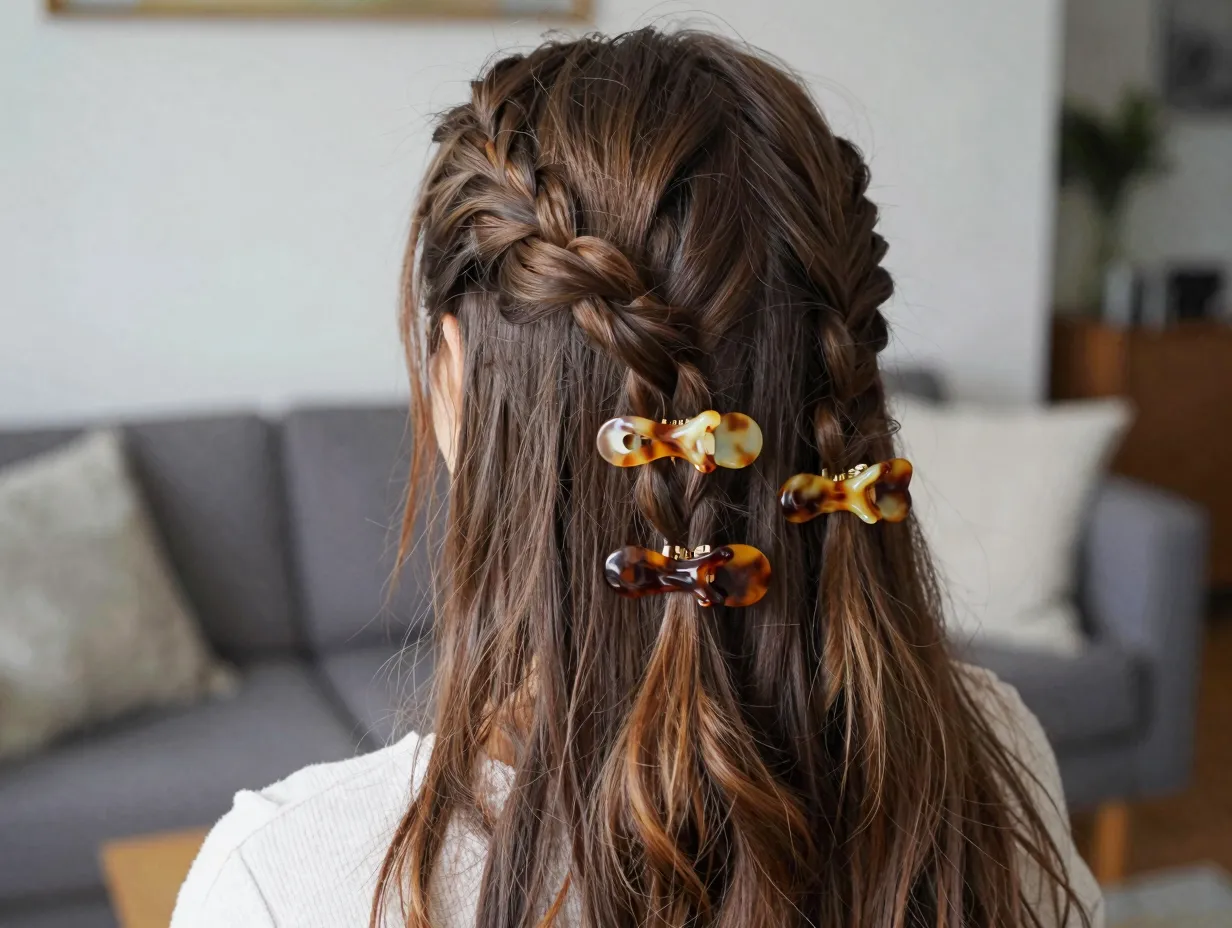 Faux braid hair with three matching tortoiseshell claw clips