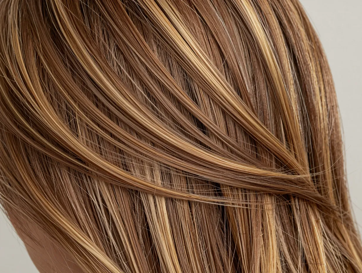 Fine honey blonde babylights create a diffused glow in brown hair
