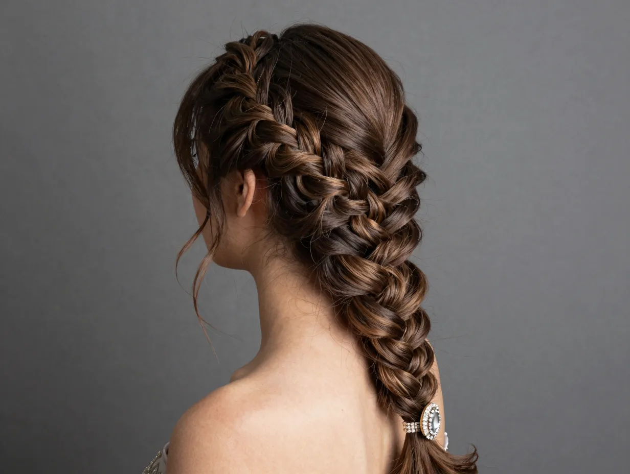 Intricate side swept fishtail braid jeweled clip woven texture