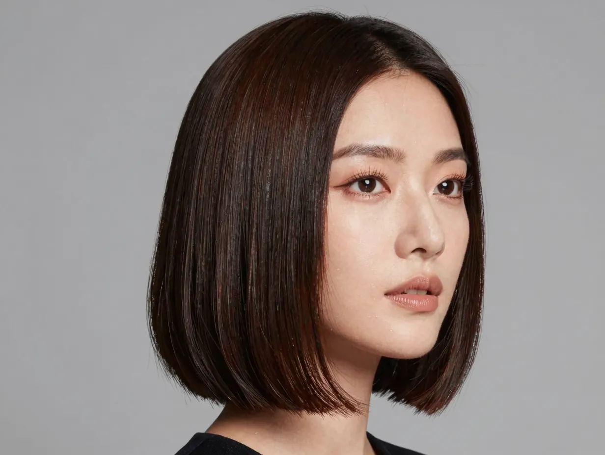 Sleek silk bob glossy inward curved ends professional woman