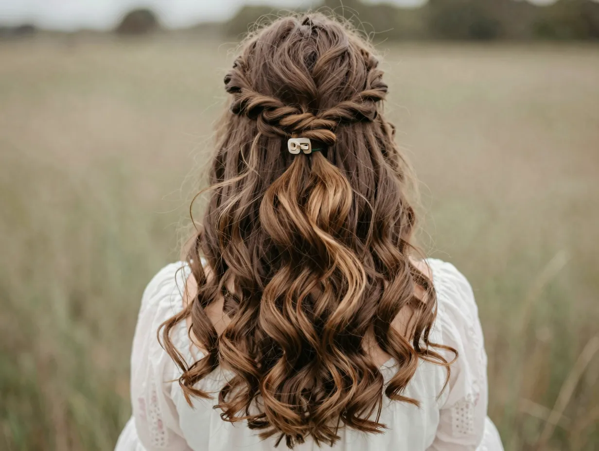 Bohemian half up half down waves top section gathered