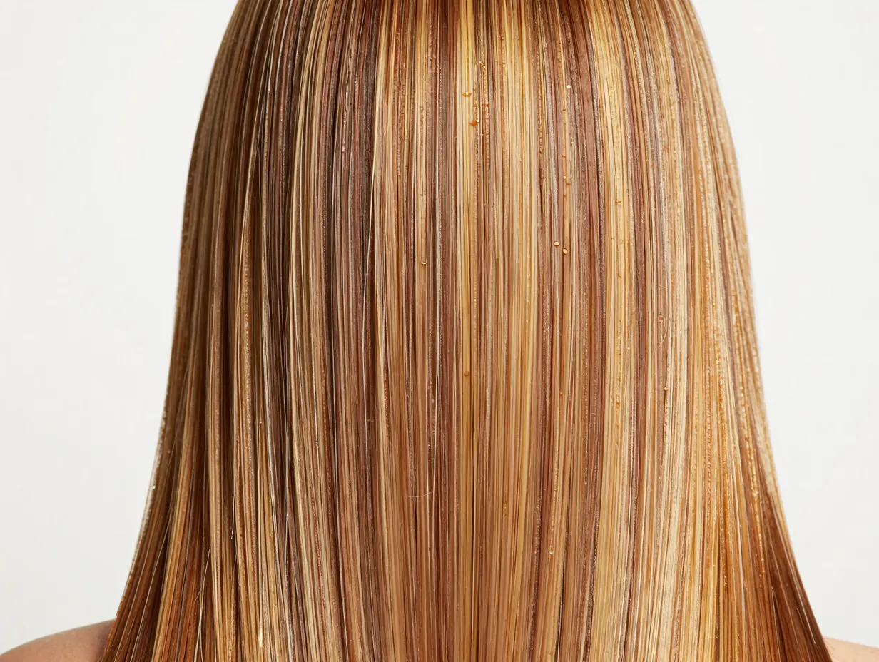 Glossy honey blonde highlights with a unifying toning gloss treatment