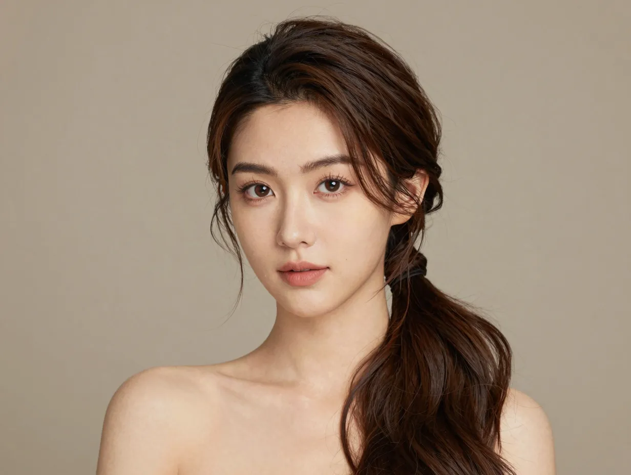 Half up messy low ponytail flattering oval face shape