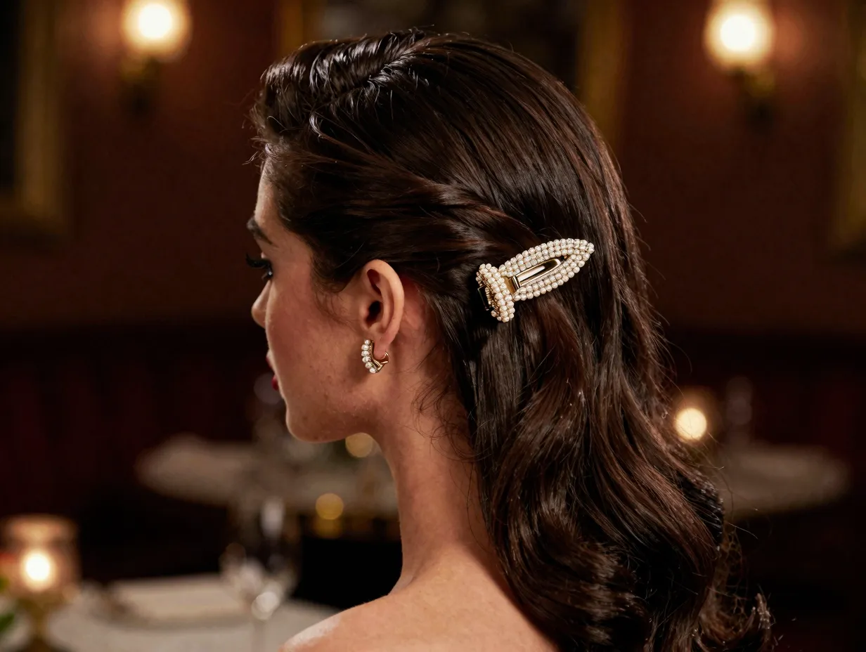 Hollywood glam side sweep with jeweled clip and low earring