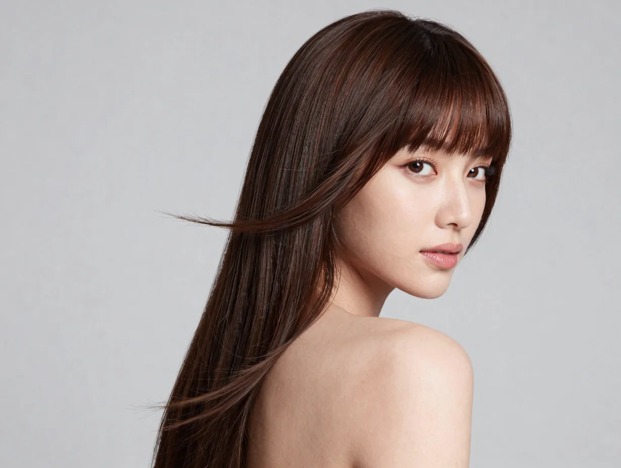 Woman with soft side swept bangs and long blown out hair