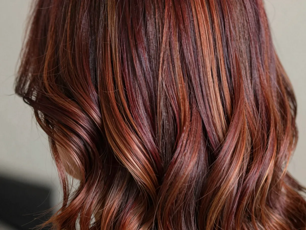 A woman with seamless blended cherry mocha tonal ribbons color melting