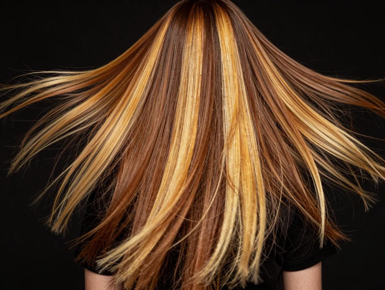 Bold chunky honey panel highlights on long medium brown hair
