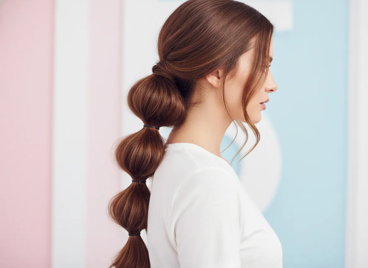 Bubble low ponytail with multiple elastics on long hair