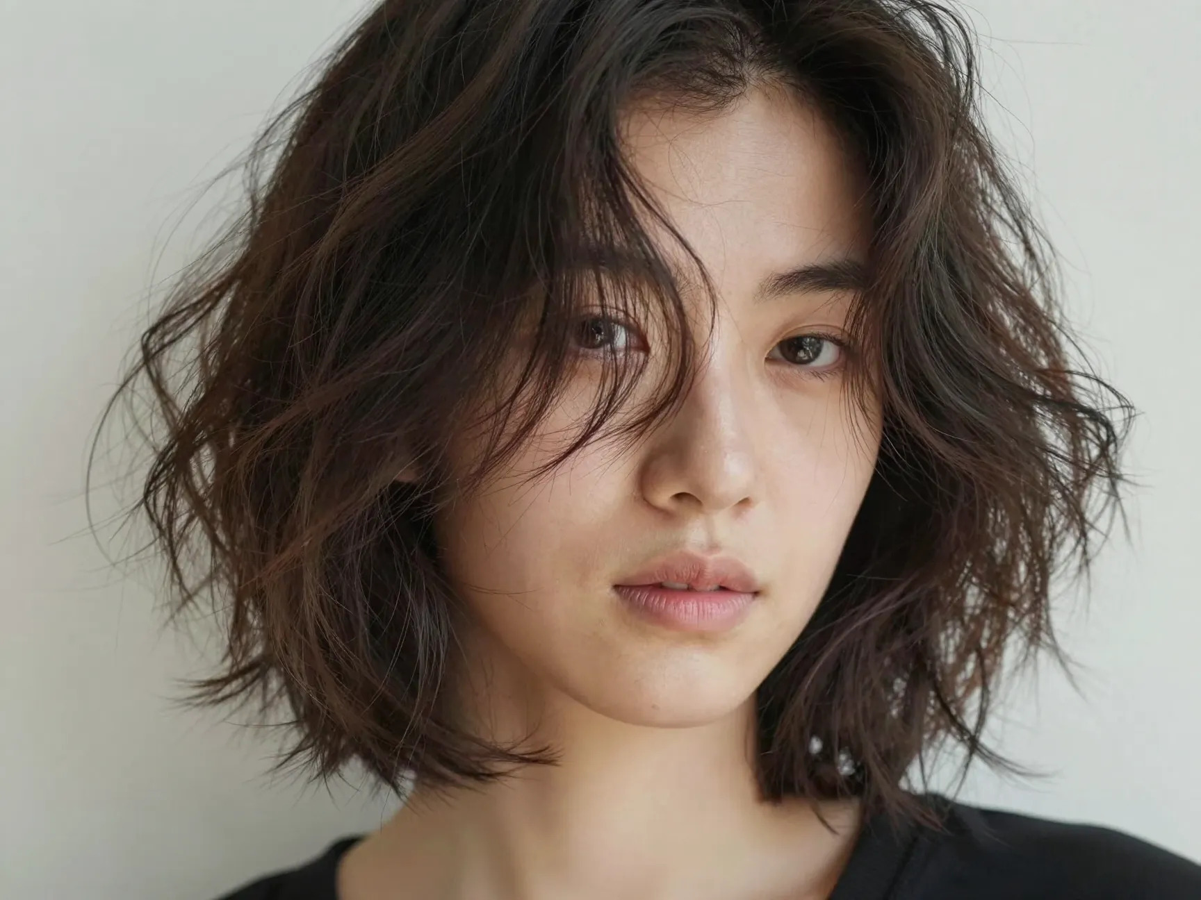 Messy chin length bob embracing natural wavy frizz and movement