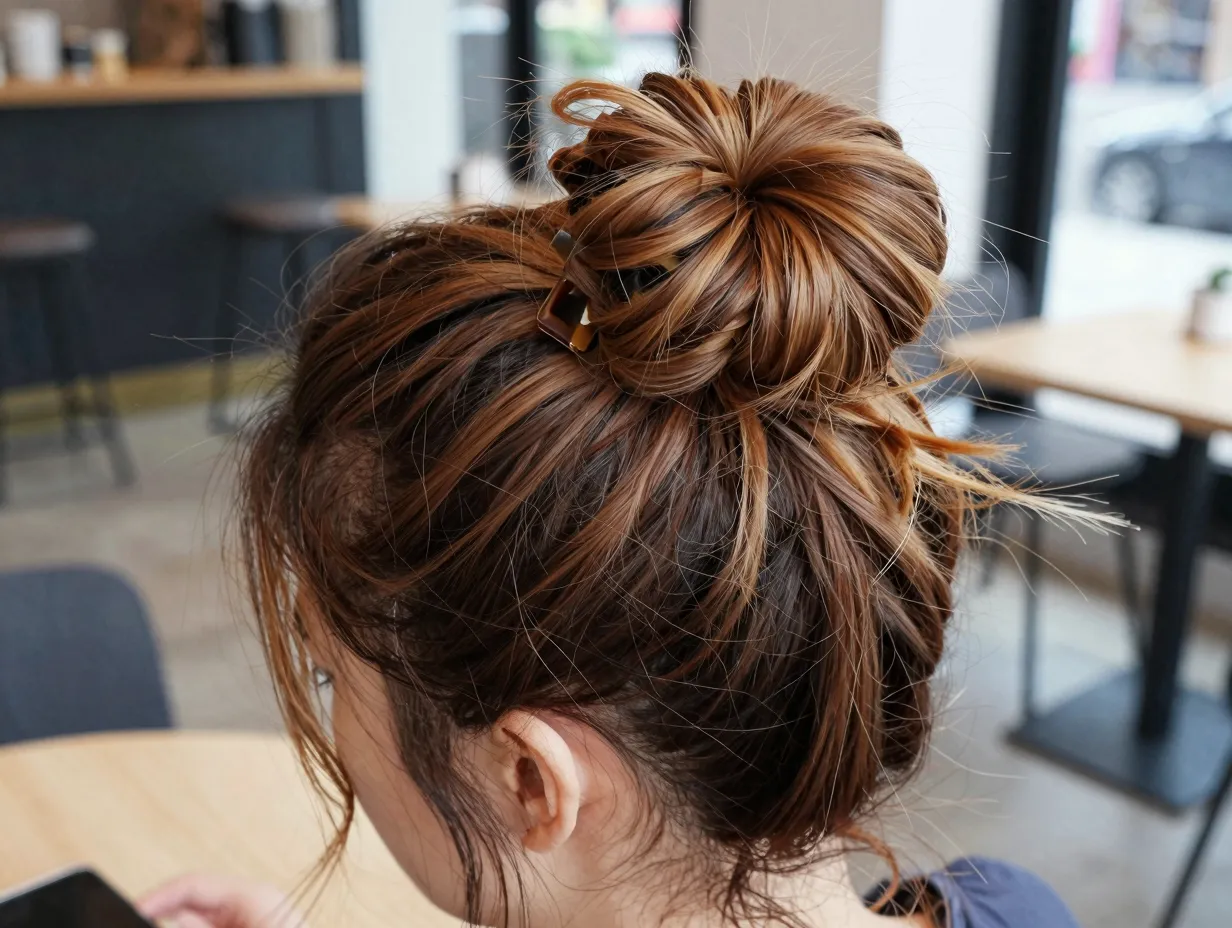 Textured top knot with intentional messy volume and scrunch