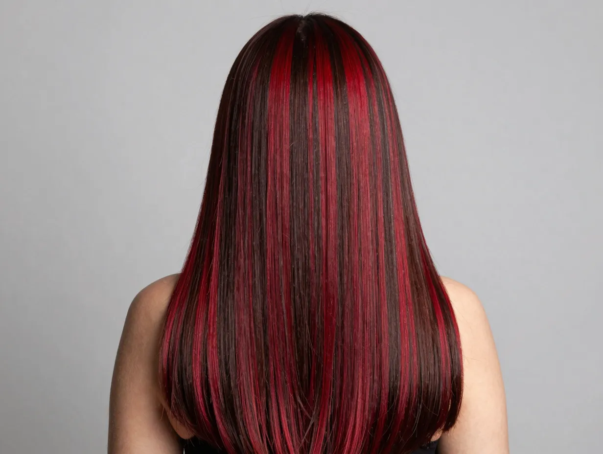A woman with straight hair and bold retro modern chunky cherry highlights