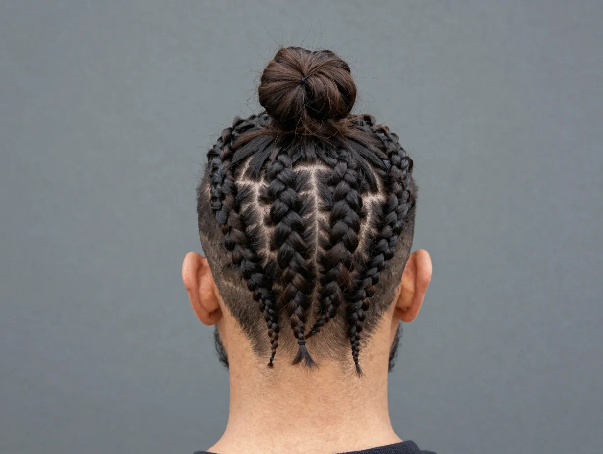 Cornrows into man bun top knot gathered long hair