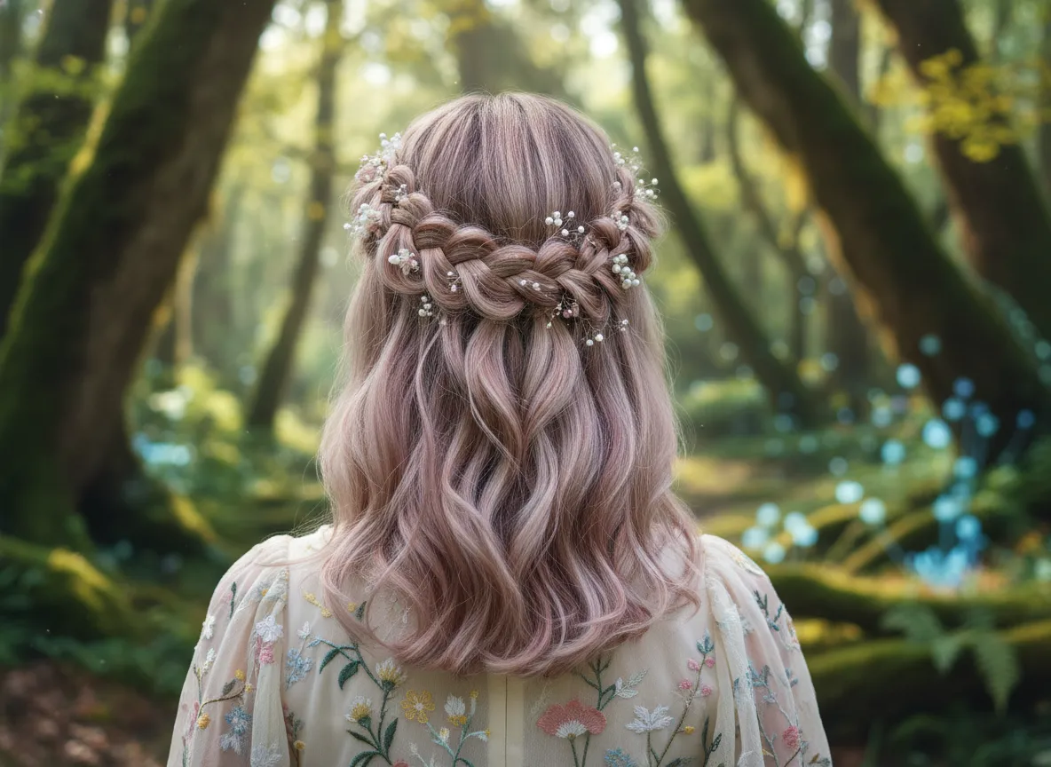Ethereal half crown braid temple to back halo fairy tale