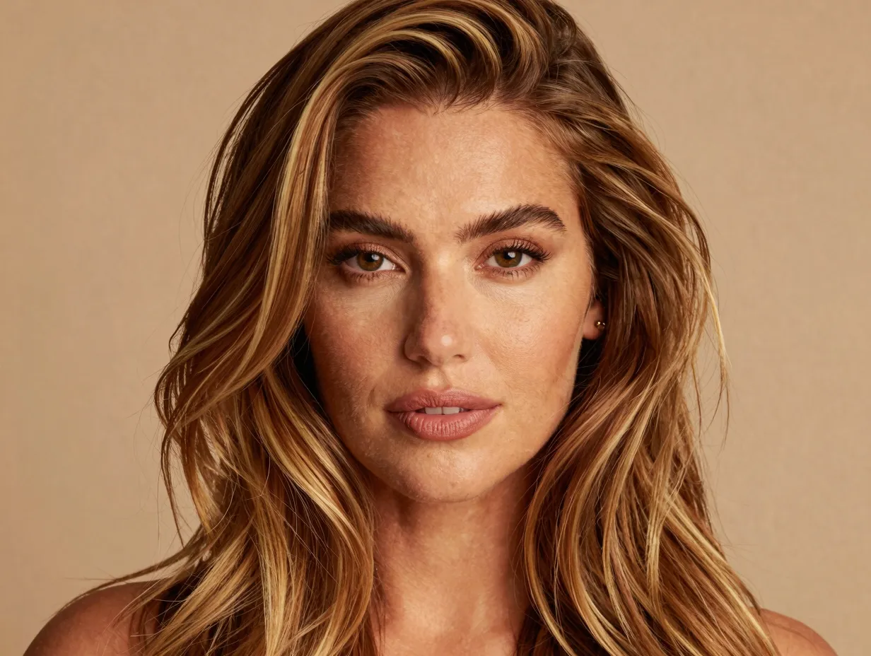 Honey blonde highlights tailored to a warm golden peachy skin tone
