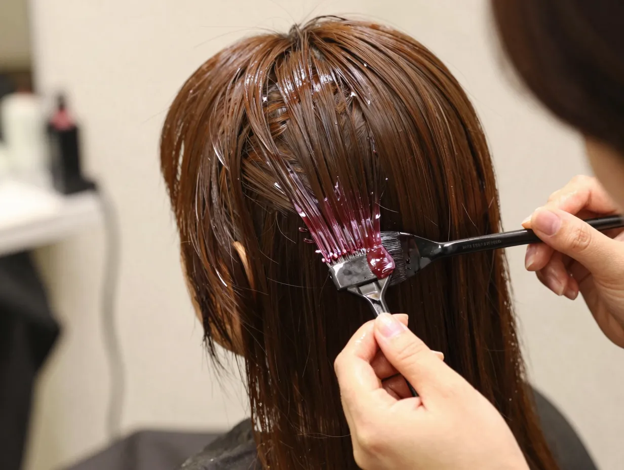 A woman having a translucent cherry gloss applied over mocha brown hair