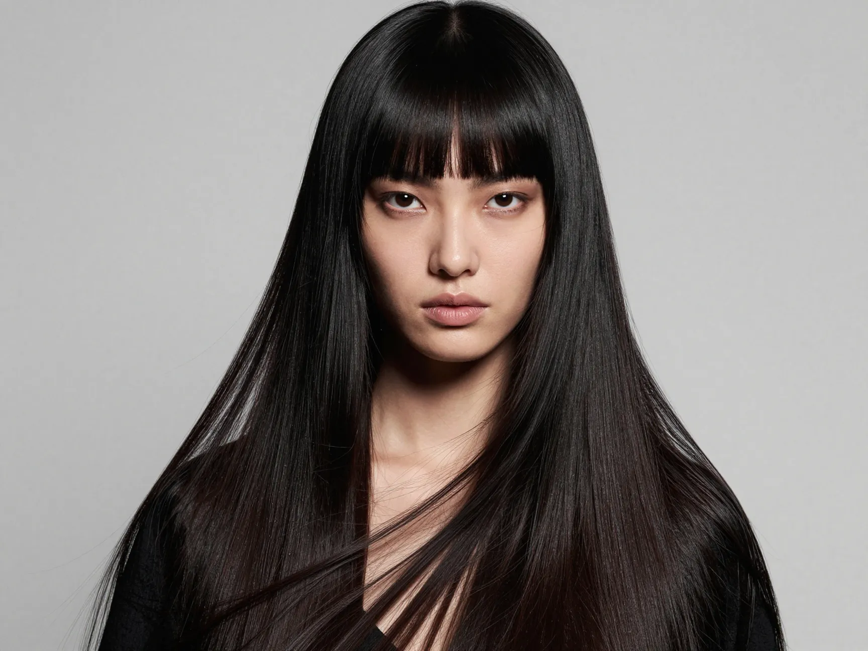 Bold micro bangs contrasting with ultra long sleek hair