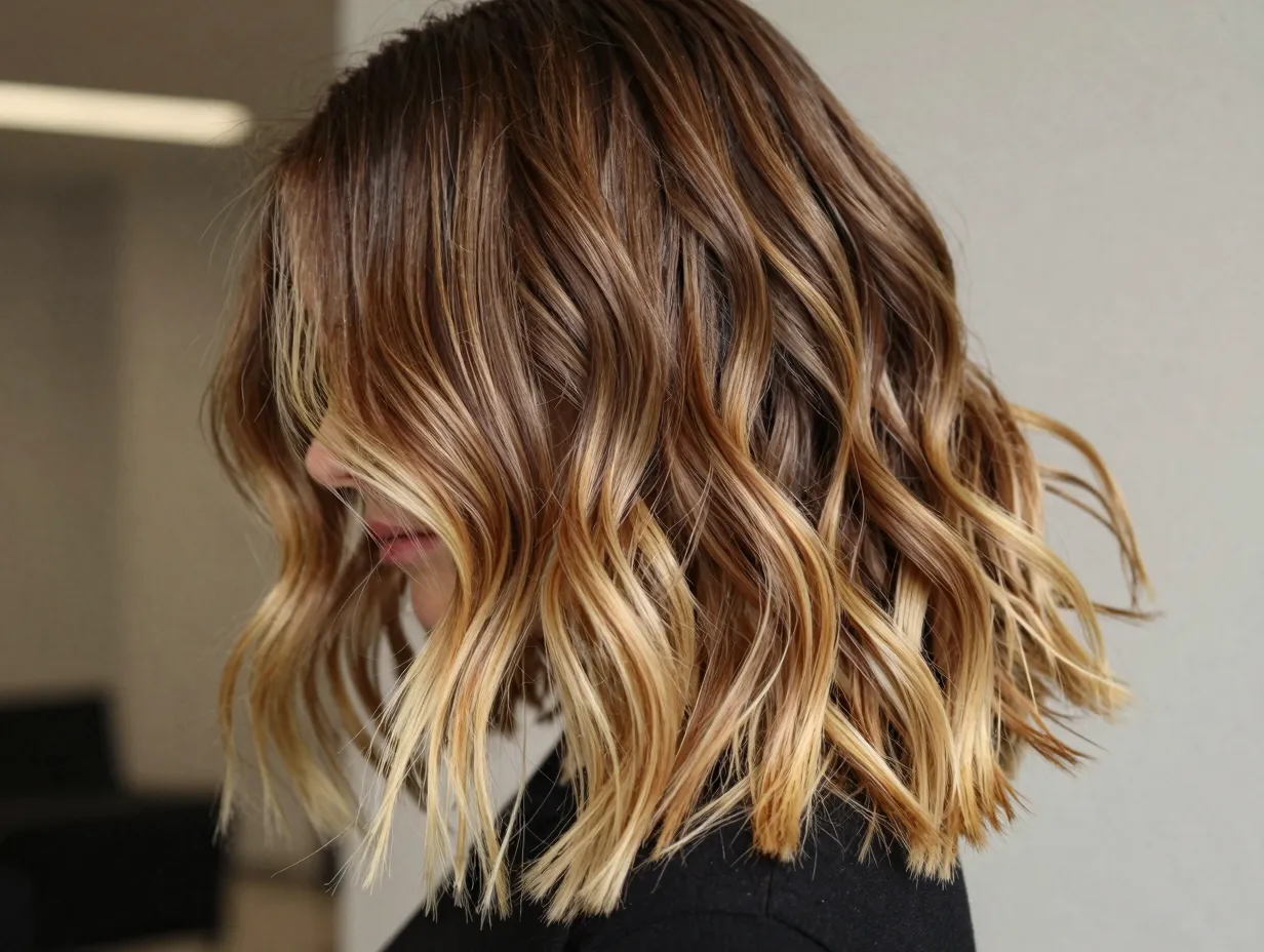 Color melting brunette blonde transition wavy lob