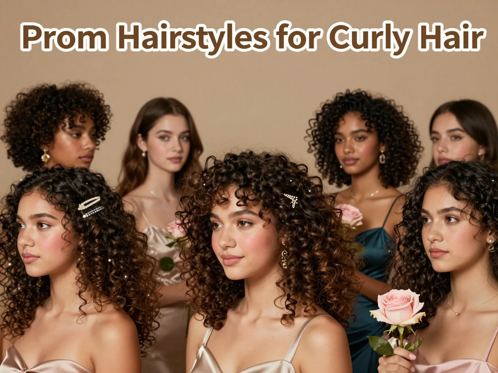 Eight models curly prom hairstyles jeweled accessories satin gowns roses celebratory