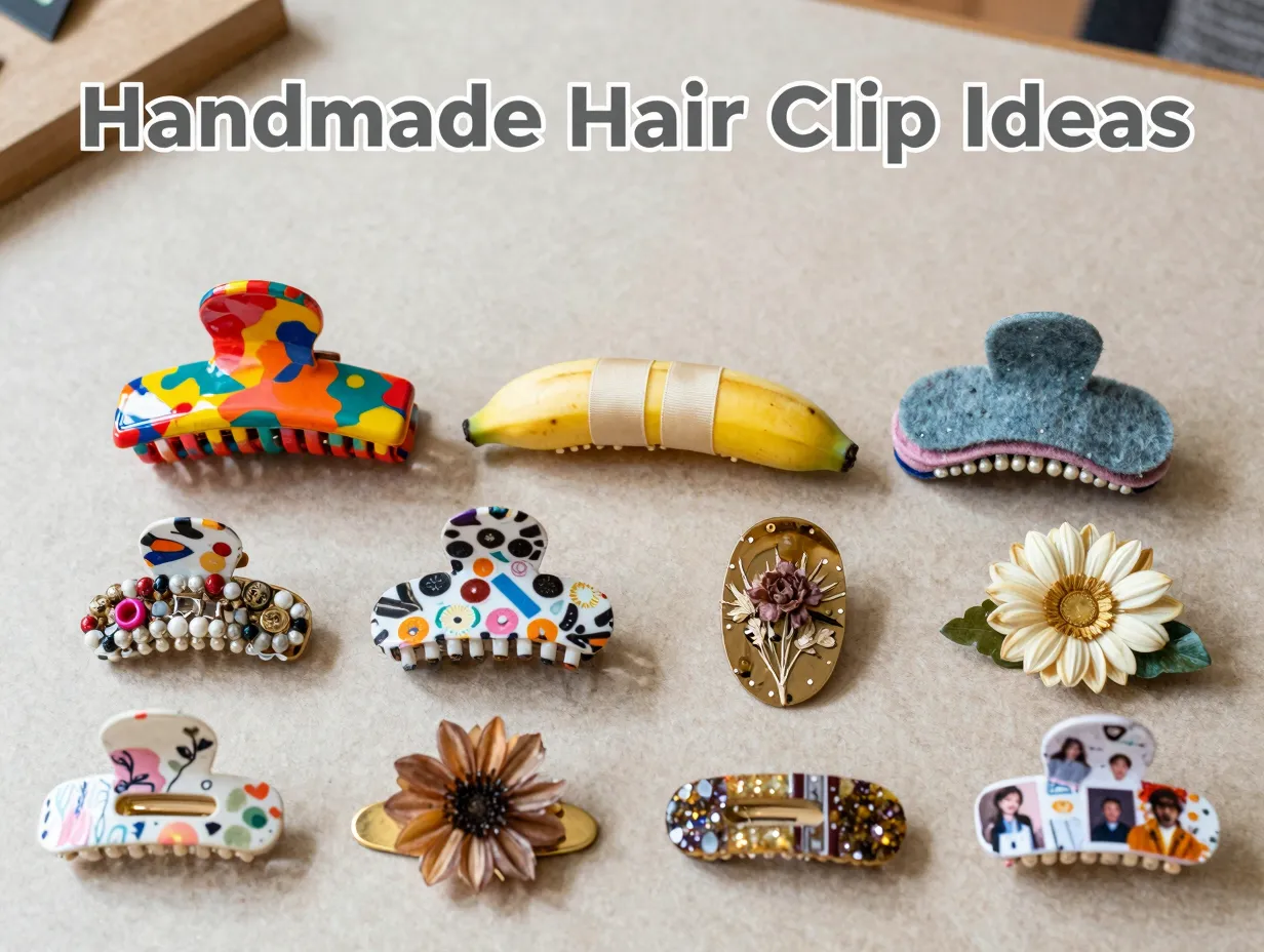 Handmade hair clip grid painted ribbon felt beaded jewelry flower embroidered resin decoupage