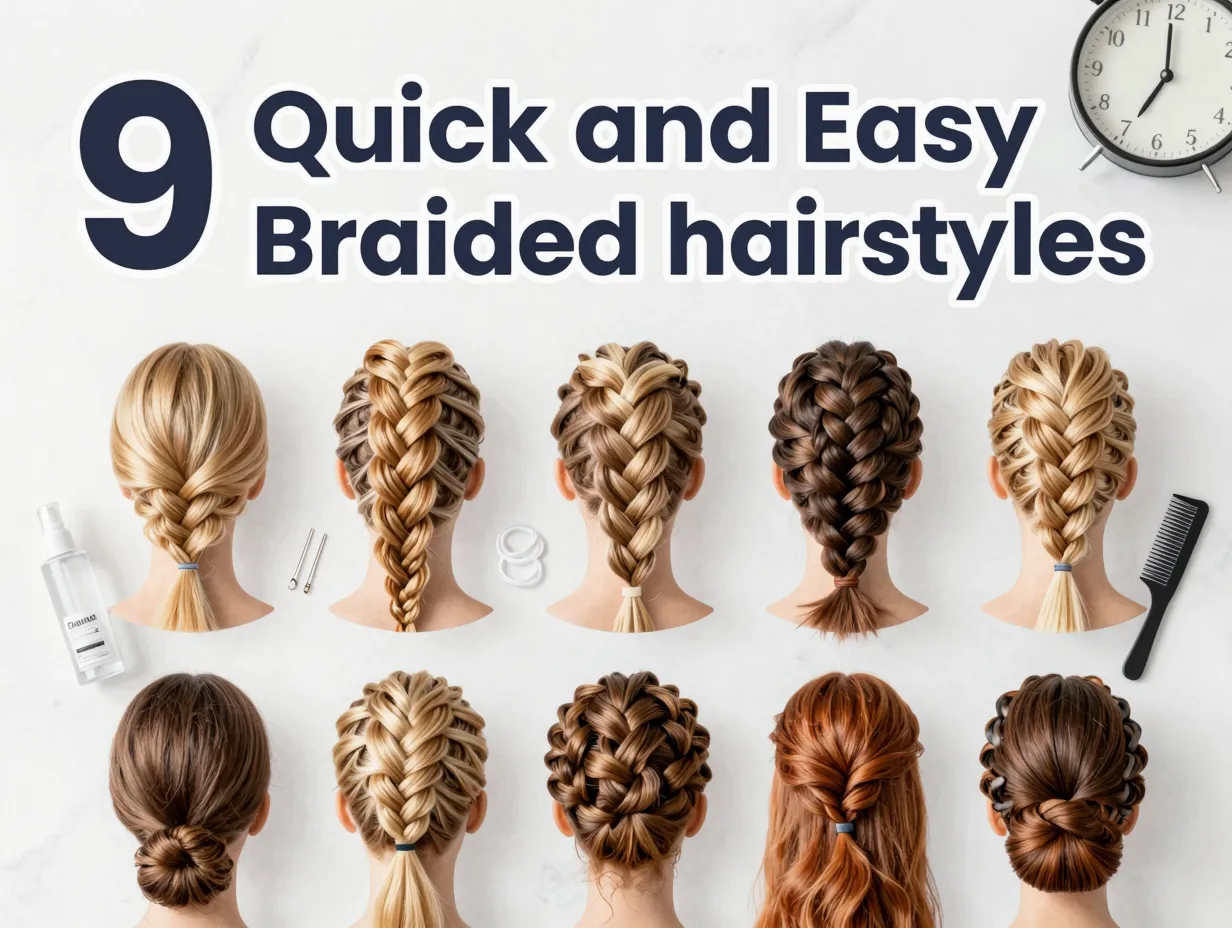 Nine braided hairstyles clock hair tools morning flat lay