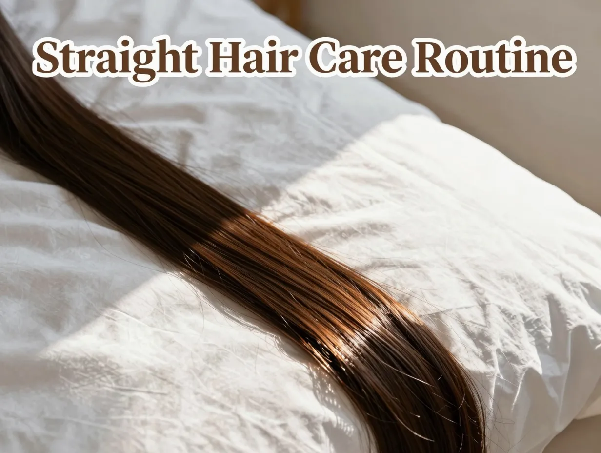 Single glossy hair strand on white silk pillowcase close up shine