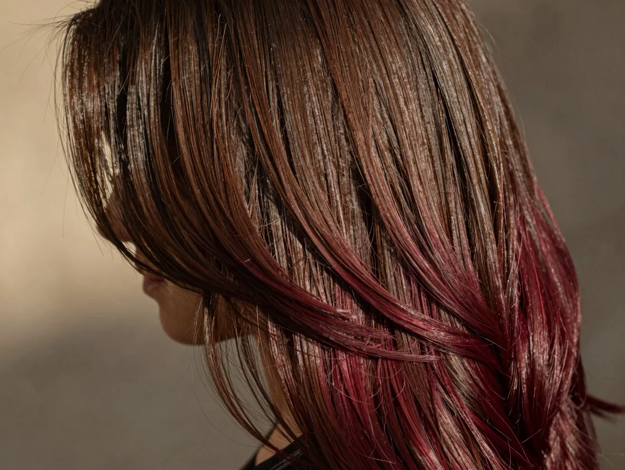 Classic dark chocolate cherry melt on brunette hair in sunlight