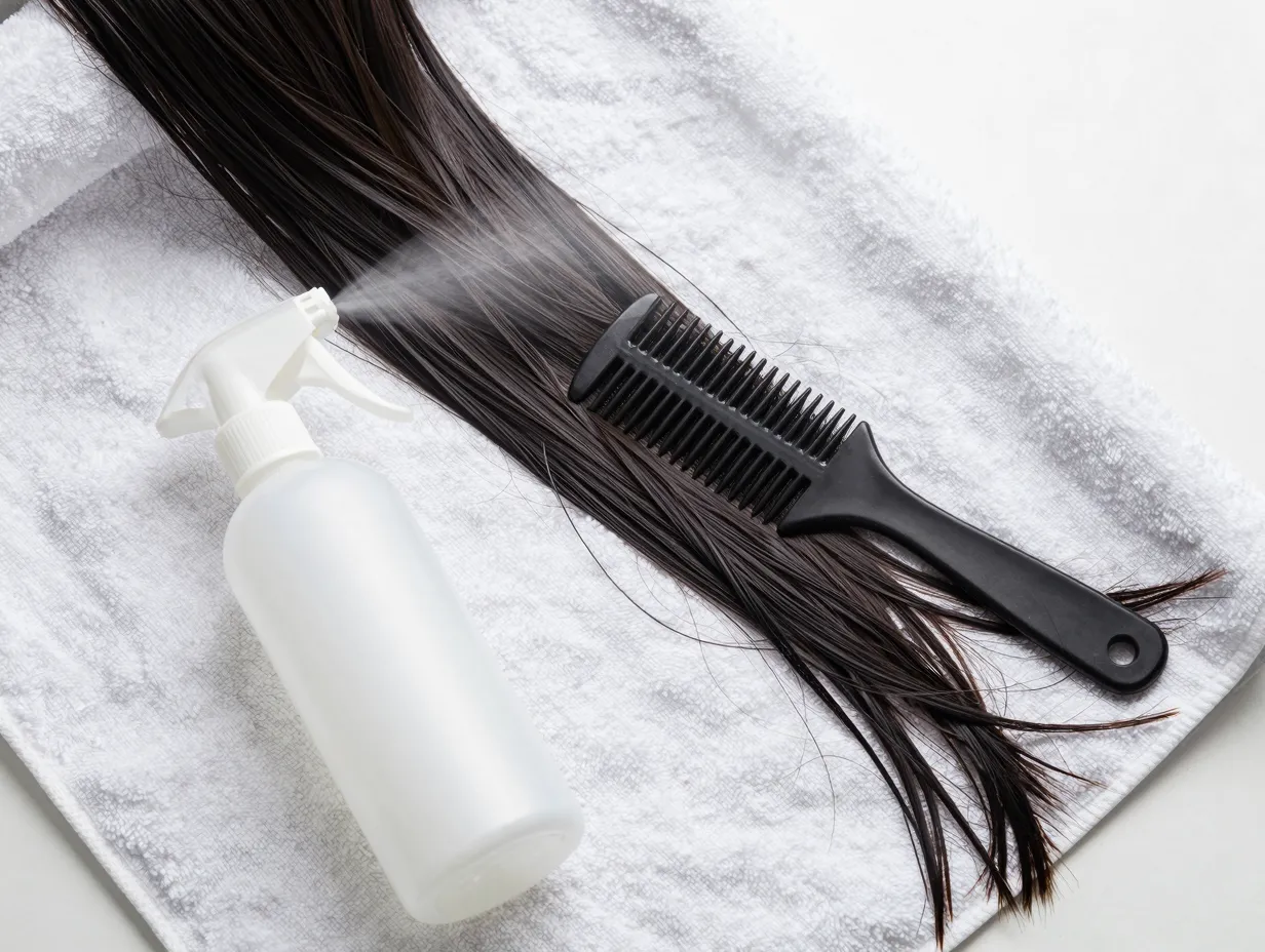 Clean damp hair on towel with comb and spray bottle