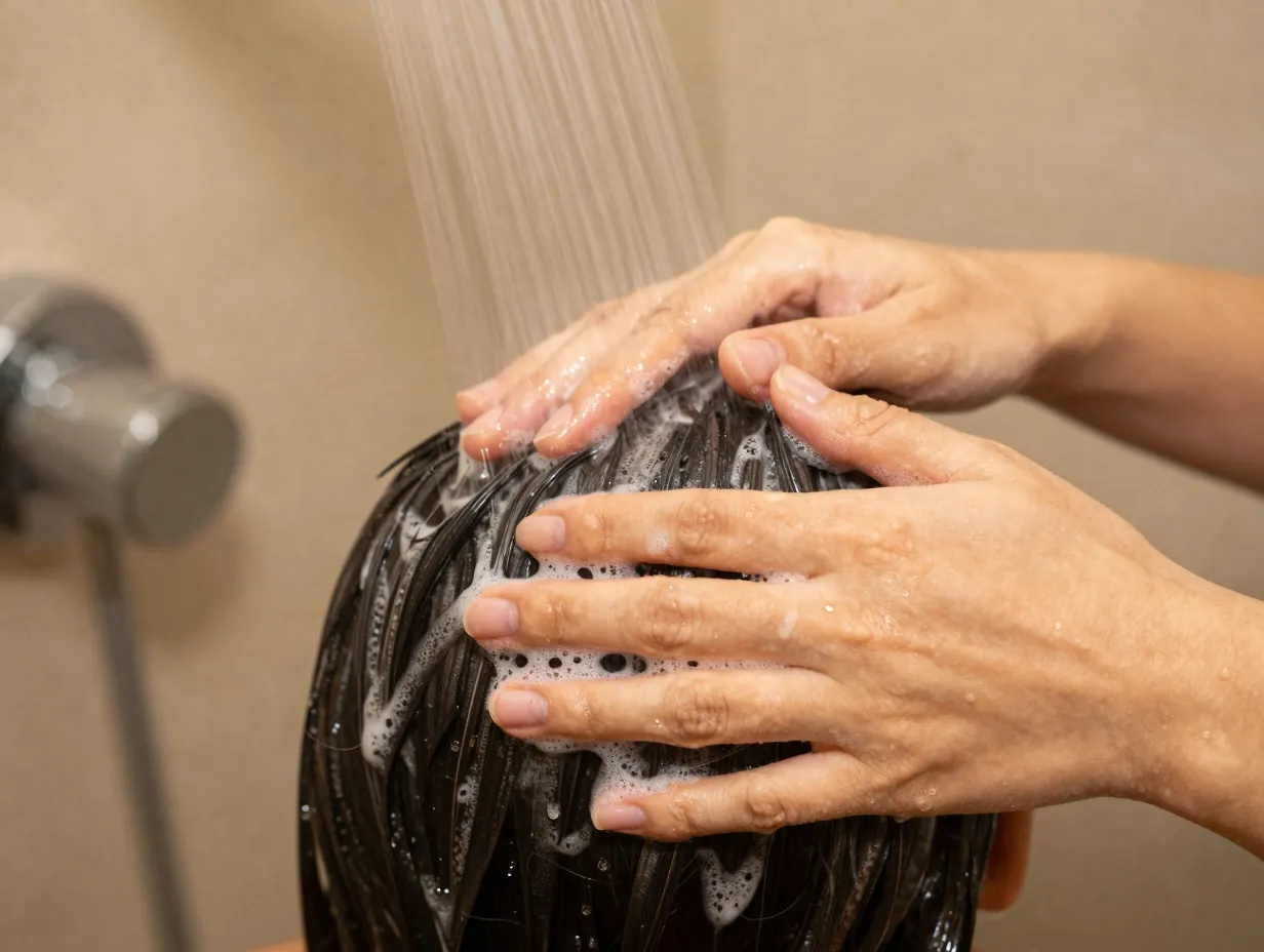 Double wash shampoo scalp massage fingertips circular motion