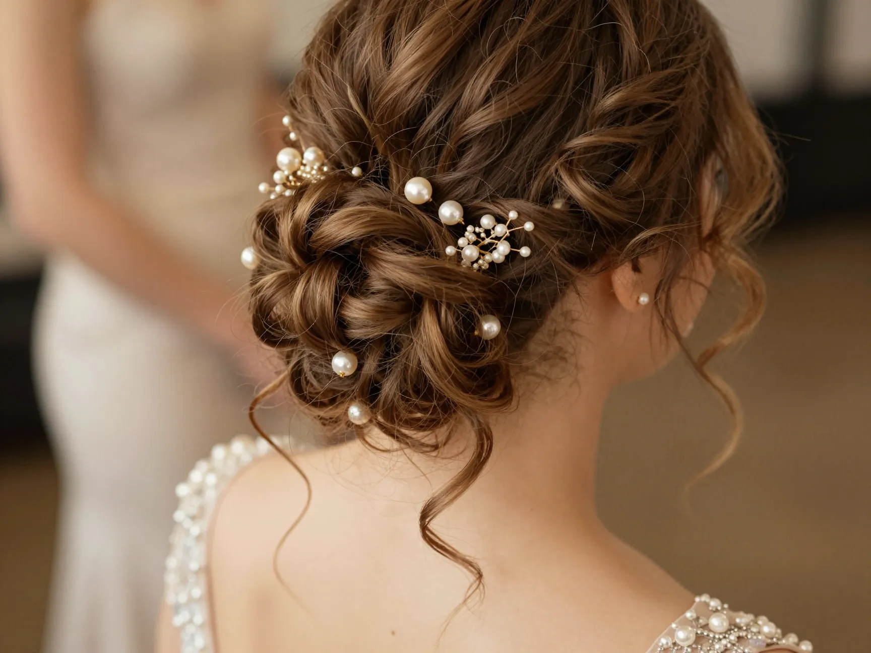 Romantic messy twisted knot with loose curls and pearl pins