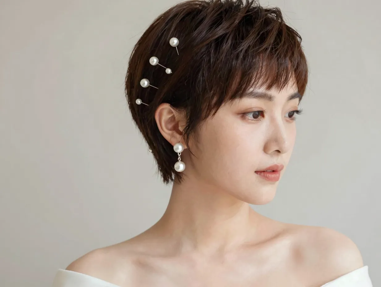 Sleek pixie hair with deliberate pearl bobby pins and statement earrings