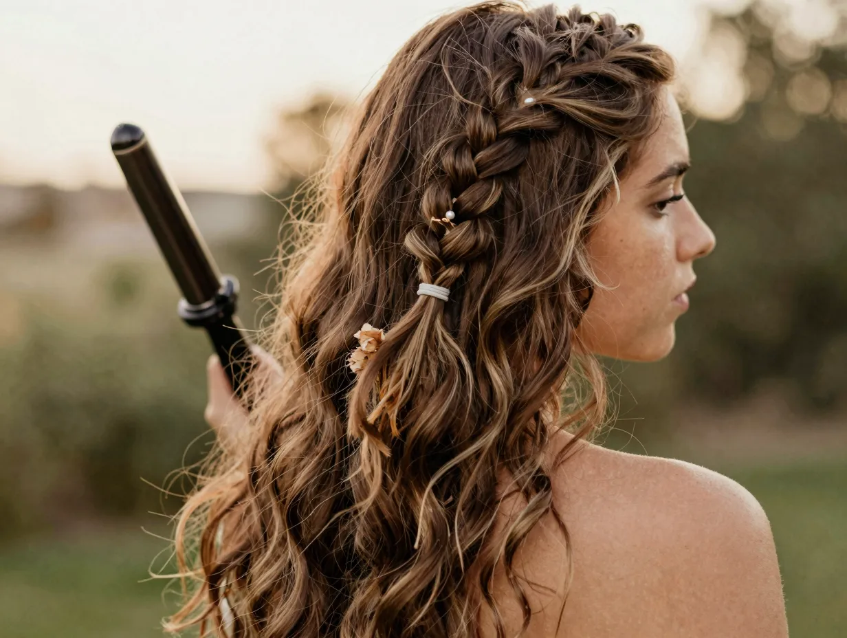Boho chic waves with piecey braids and decorative hair accessories