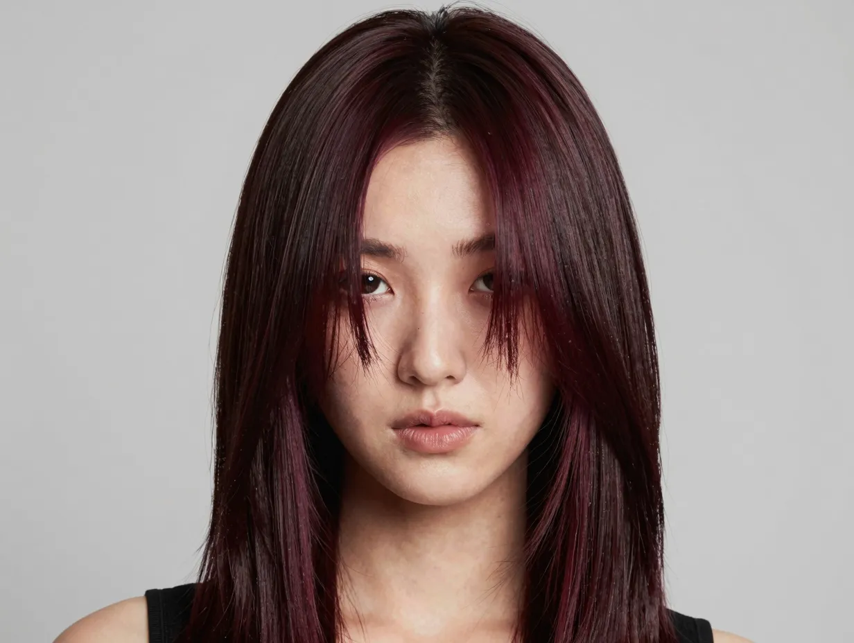 Bold burgundy chocolate balayage with face framing panels