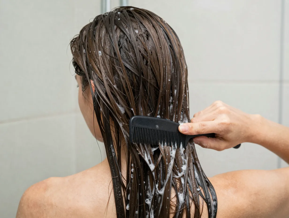 Conditioner application mid lengths to ends wide tooth comb