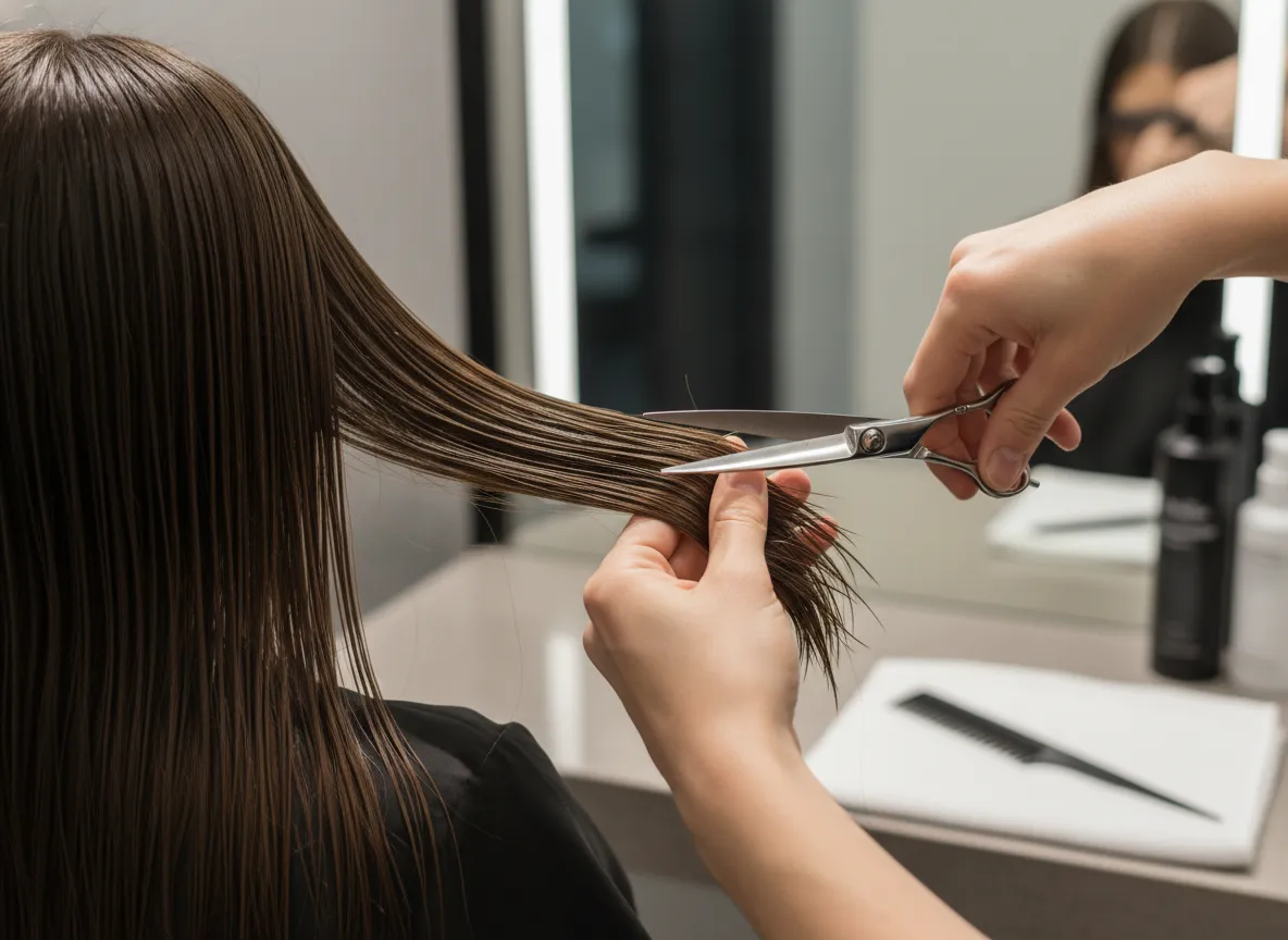 Person trimming straight baseline length on long hair