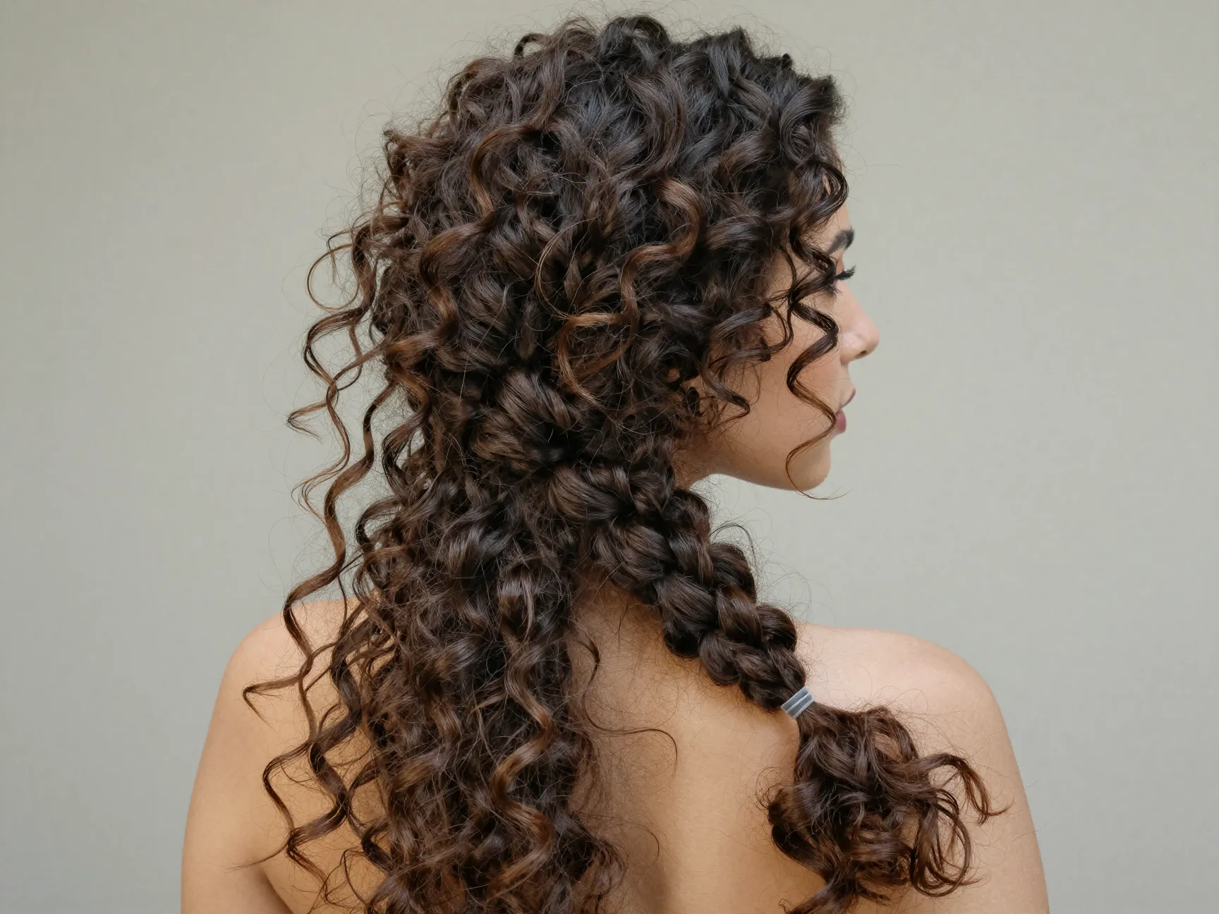 Tousled curly fishtail braid over shoulder with loose face framing curls