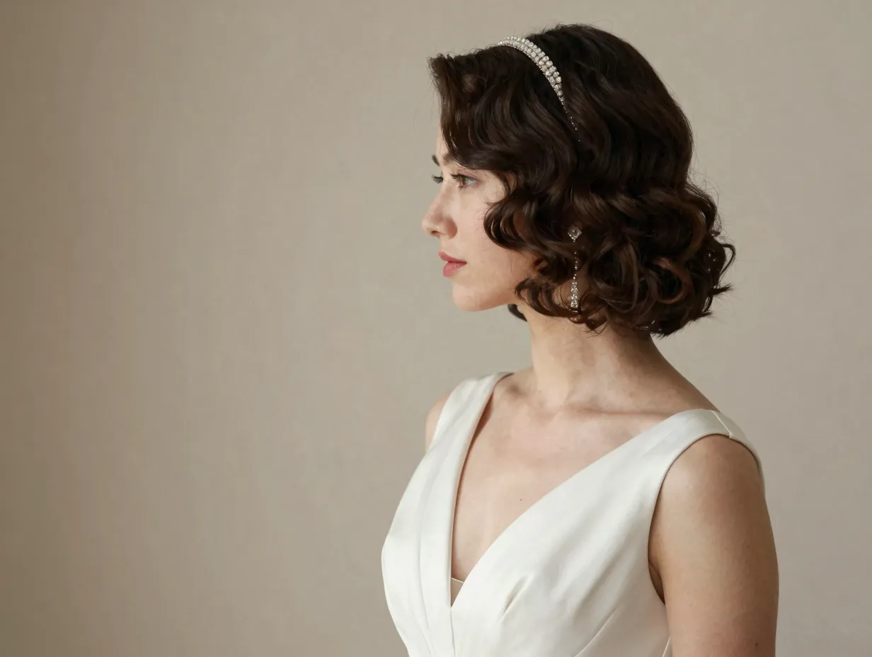 Vintage finger waves on a bob with a deep v neckline gown