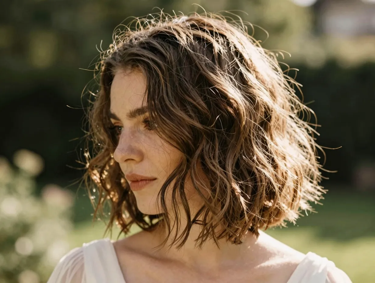 Tousled textured bob with loose waves in natural garden light