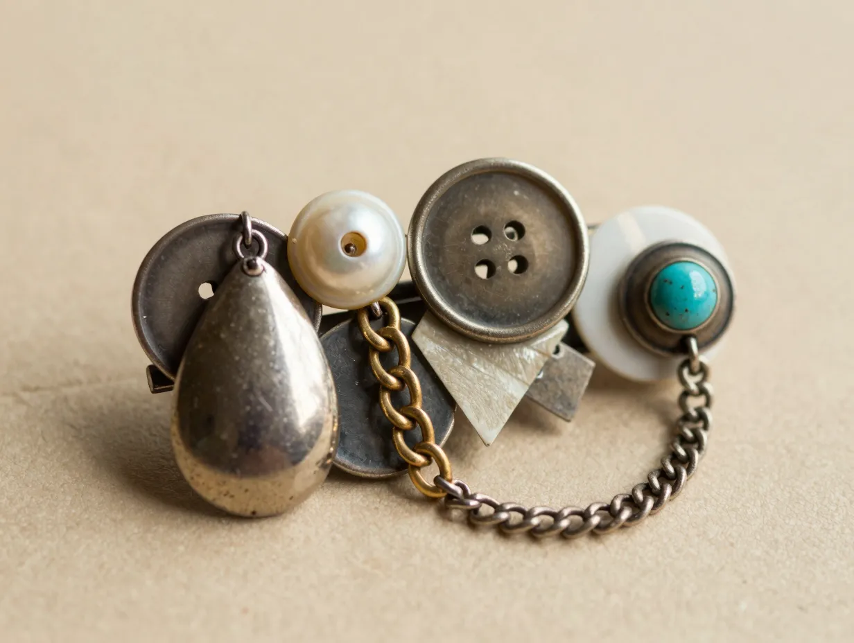 Vintage jewelry button collage asymmetric barette with earrings and chain